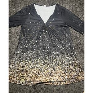 Women's 1/4 Zip Tunic Top size M Black & Gold Paint Splatter Design Preloved